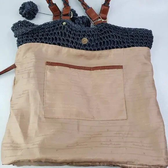 Tommy Bahama Women's Navy Blue Crochet Leather Braided Handle Shoulder Bag - Picture 6 of 9